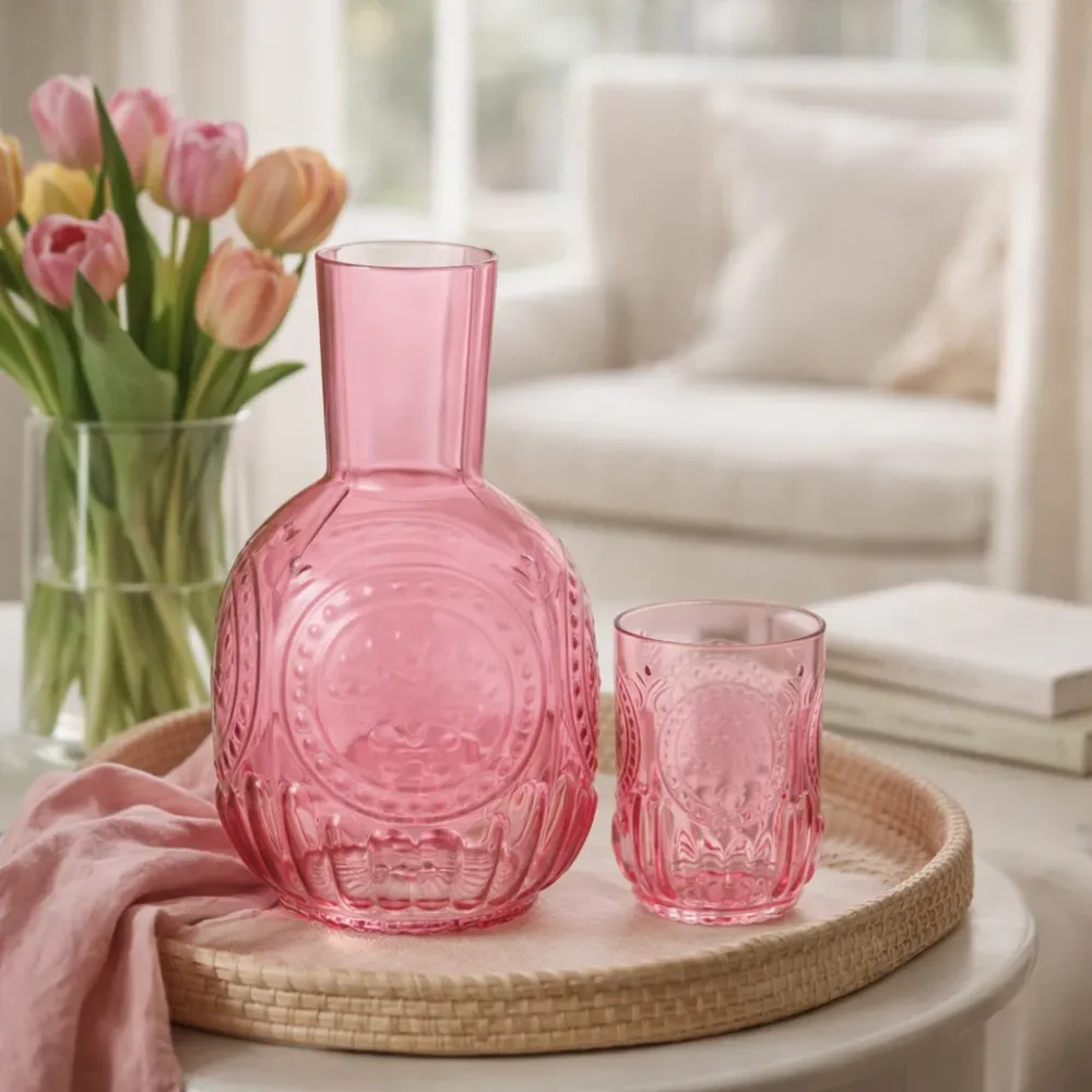 Set Caraffa e Bicchiere Vetro Fucsia per Acqua e Bevande H 21,5 cm