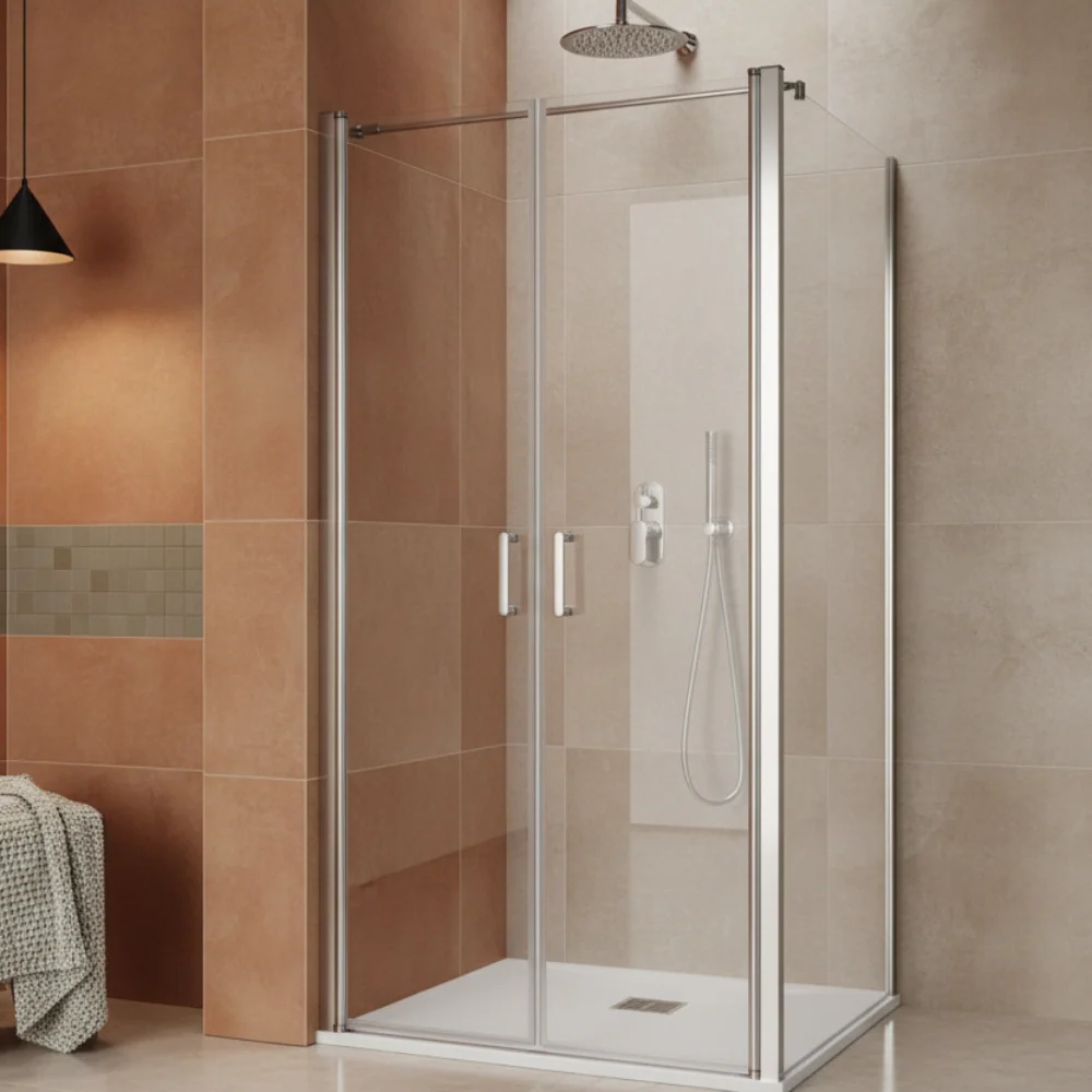 Box doccia angolare 75x70 con porta saloon e parete fissa cristallo anticalcare trasparente 6 mm e telaio alluminio collez...