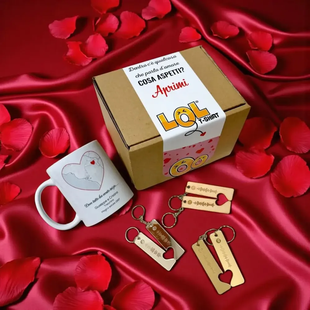 Box San Valentino Small – Sweet Box - Tazza Personalizzata con Mappa Amore + Coppia di Portachiavi Spotify con Canzone