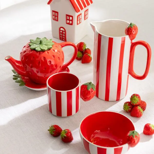 Brocca Ceramica per Acqua Righe Rosse con Fragola