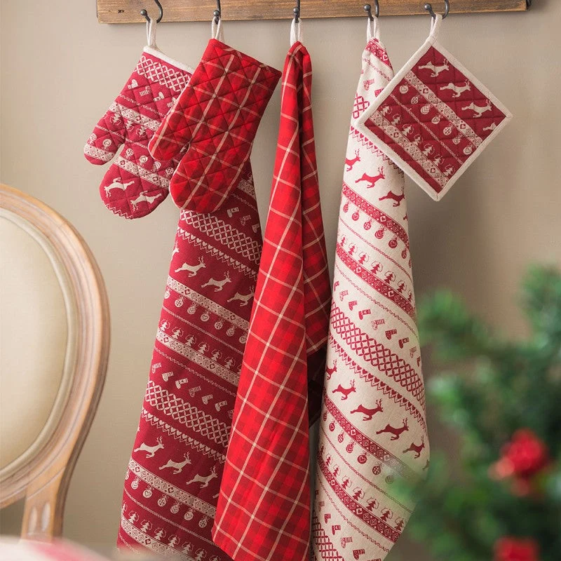 Canovaccio da Cucina Cotone Rosso Beige 50x85 cm con Decoro Natalizio