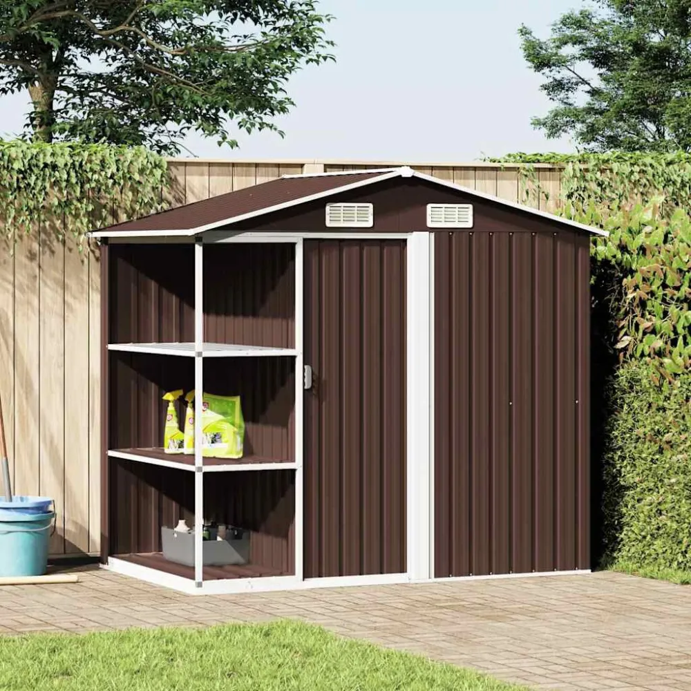 Capanno da Giardino con Scaffali Marrone 205x130x183 cm Ferro con Fondazione Plastica