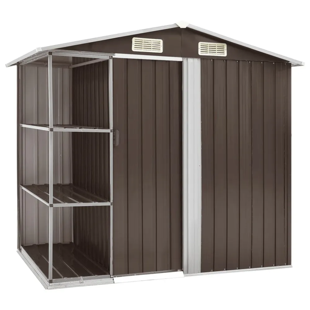 Capanno da Giardino con Scaffali Marrone 205x130x183 cm Ferro con Fondazione Plastica