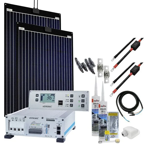 Sistema solare per camper Offgridtec mTriple Flex L con 2 caricabatterie tripli da 160 W 45/30/350 VBCS e pannello combina...