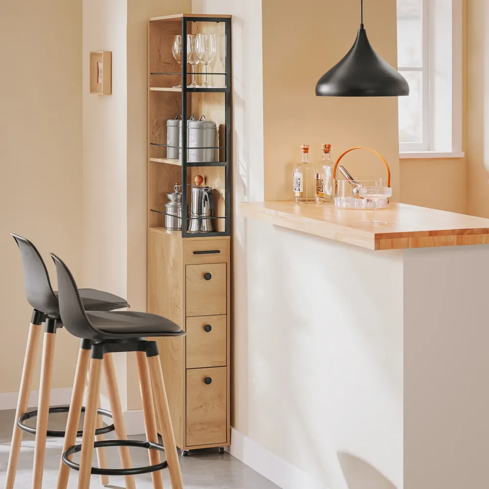 SoBuy NSR13-N Carrello Salvaspazio con Cassetti e Ruote, Mobiletto Multiuso per Cucina, Bagno e Lavanderia Naturale 20x40x...