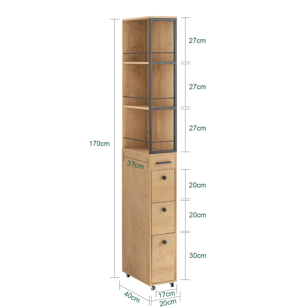 SoBuy NSR13-N Carrello Salvaspazio con Cassetti e Ruote, Mobiletto Multiuso per Cucina, Bagno e Lavanderia Naturale 20x40x...
