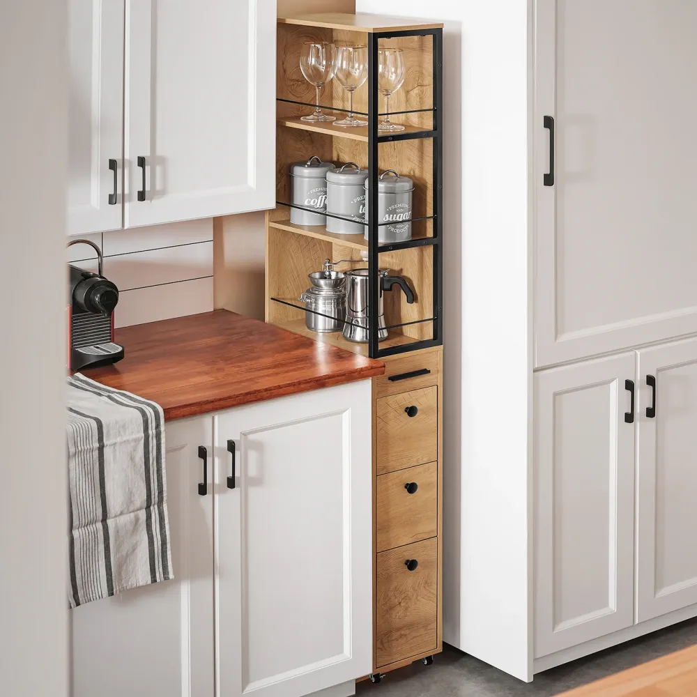SoBuy NSR13-N Carrello Salvaspazio con Cassetti e Ruote, Mobiletto Multiuso per Cucina, Bagno e Lavanderia Naturale 20x40x...