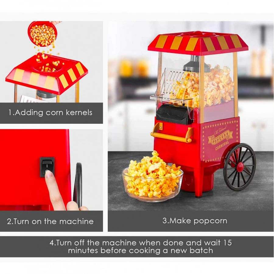 Carretto Macchina Pop Corn Elettrica Aria Calda Senza Olio Popcorn Professionale 1200W Design Retrò per Feste Party Bambini