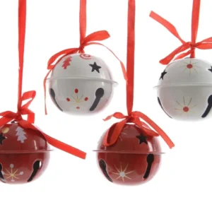 Palline campanella natalizie metallo Bianco e Rosso da Ø 6 cm, 4 pezzi