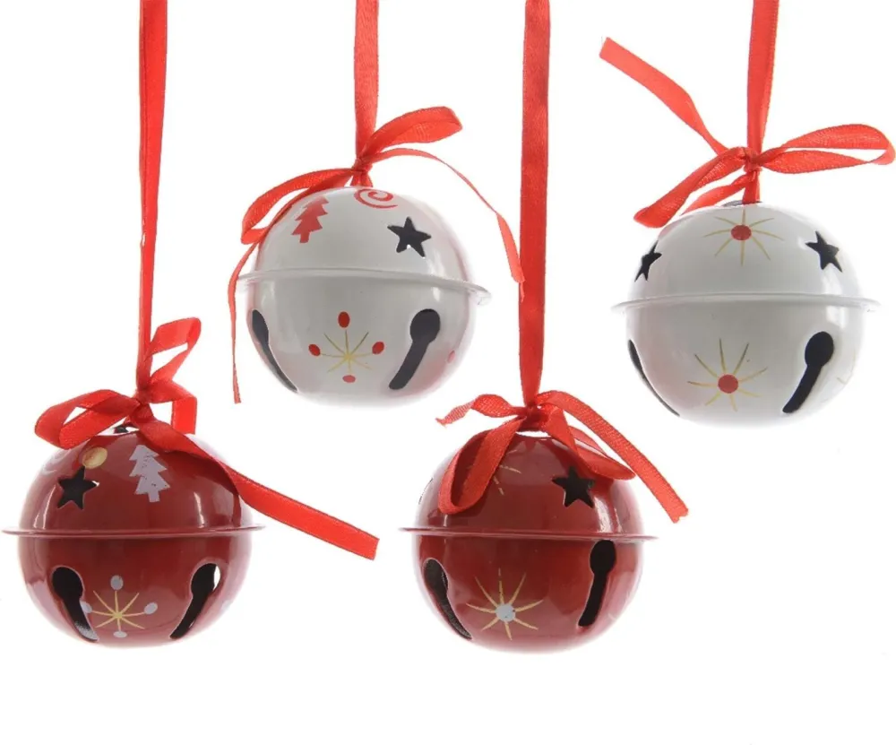 Palline campanella natalizie metallo Bianco e Rosso da Ø 6 cm, 4 pezzi