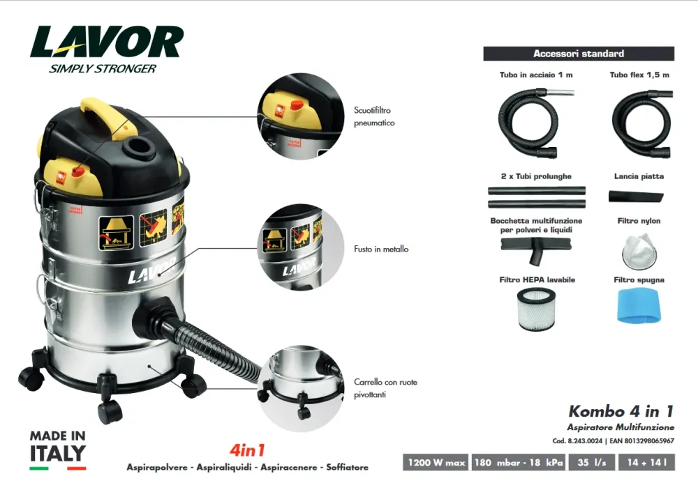Aspirapolvere - Aspiracenere - Aspiraliquidi LAVOR Ashley Kombo 1200W (4 1) Hot on Sale