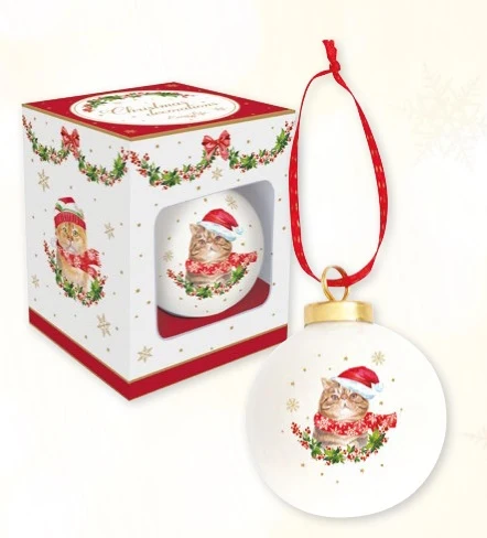 Pallina di natale ceramica gatto rosso con sciarpa CHRISTMAS CAT