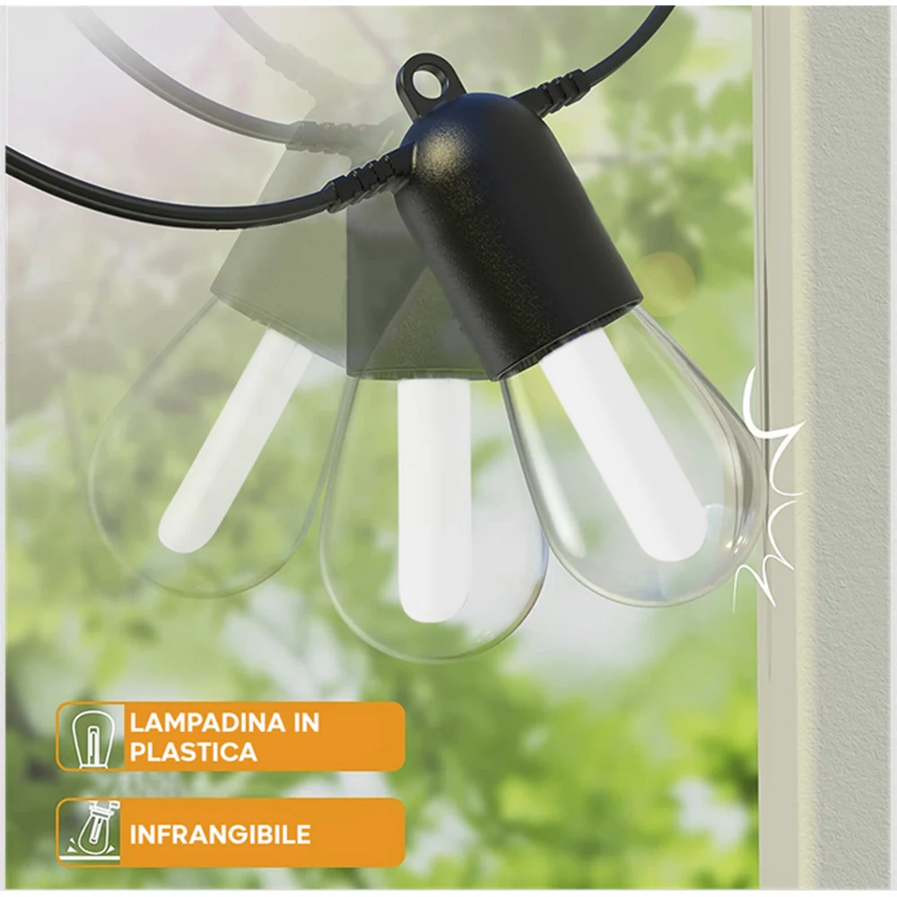 Catena luminosa solare 10m 10 lampade led calde esterno IP44 8 giochi