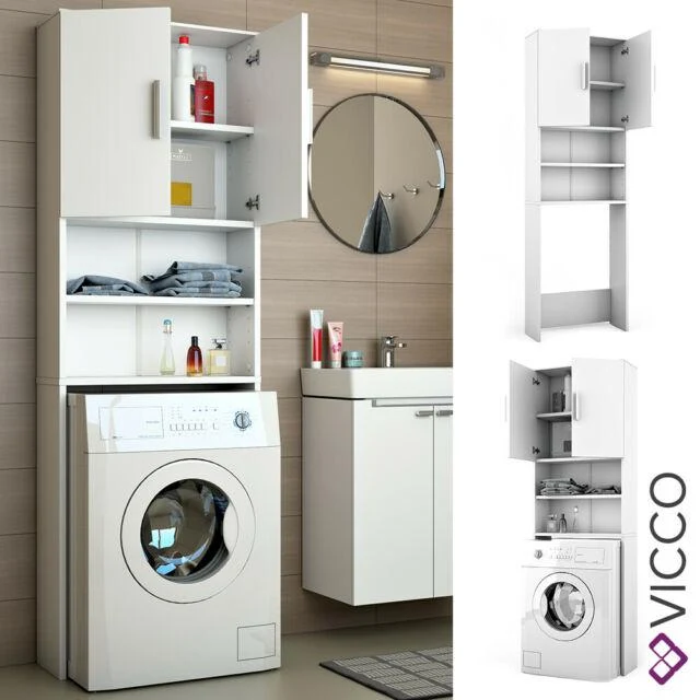 Vicco Armadio per lavatrice Armadio bagno bianco 190x64cm Scaffale per il bagno