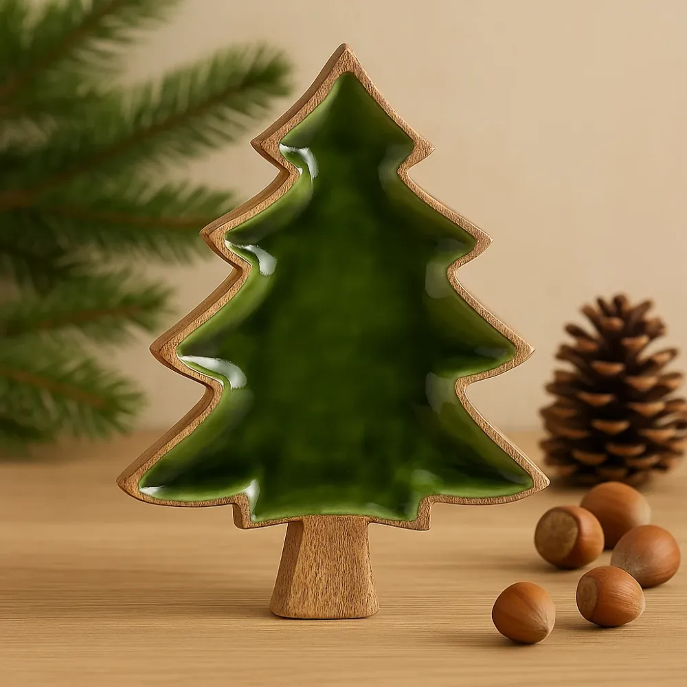 Ciotola forma di albero di Natale legno di mango smalto verde 25x19cm