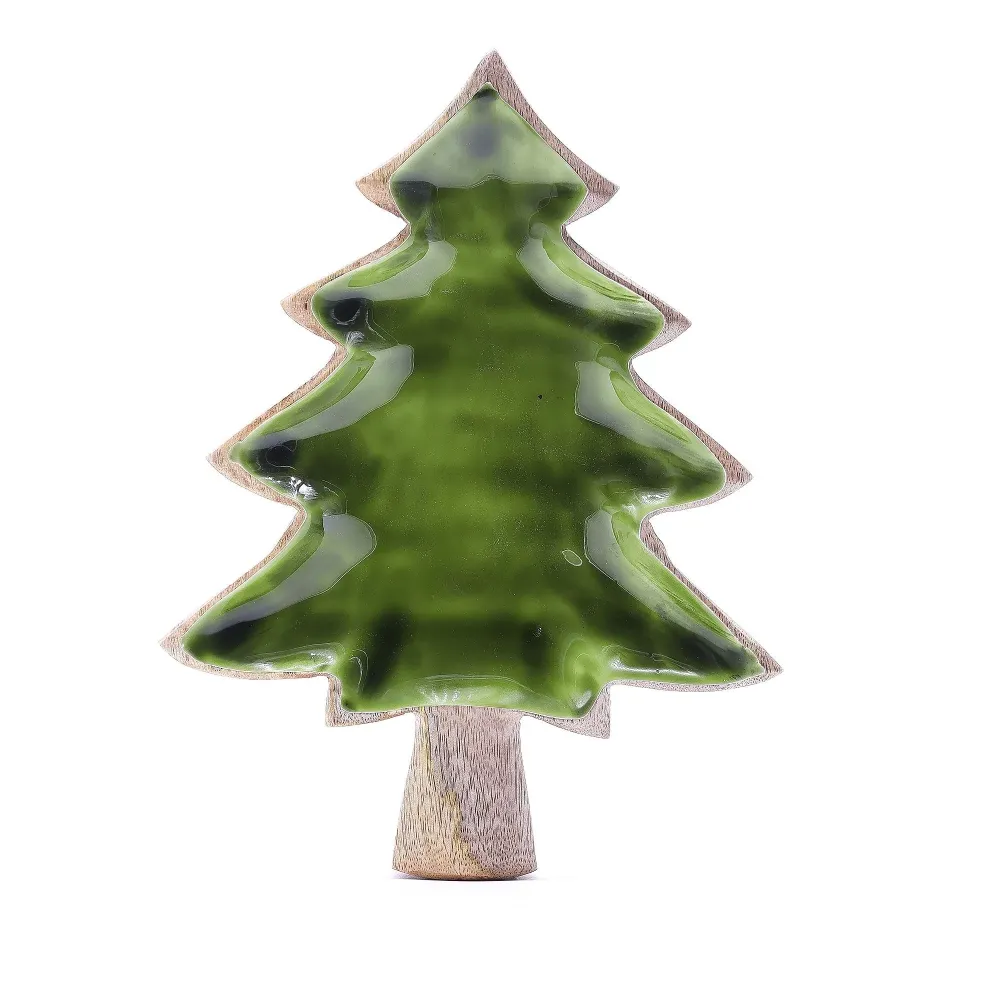 Ciotola forma di albero di Natale legno di mango smalto verde 25x19cm