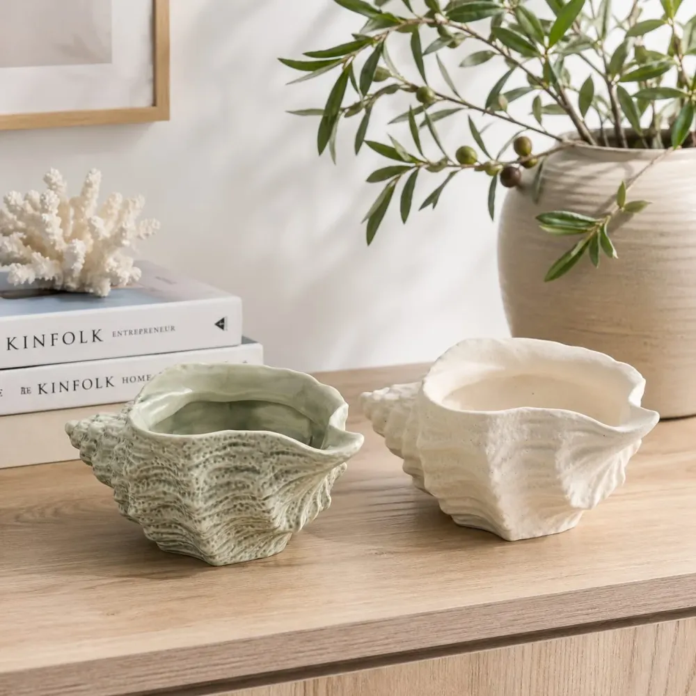 Ciotole Conchiglia Ceramica Decorative Bianco Verde Set 2
