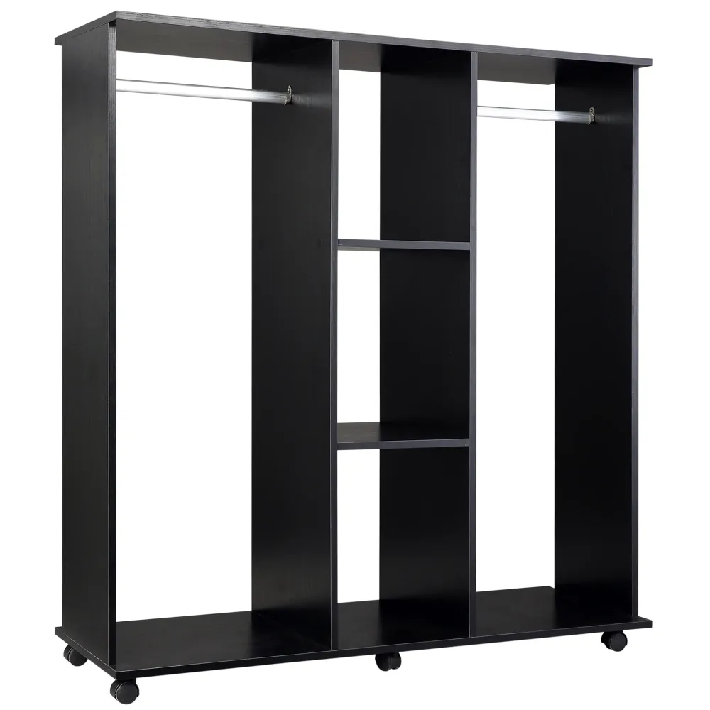 Easycomfort Armadio con 2 Guardaroba, 5 Ripiani e 6 Ruote, Legno e Alluminio, 120x40x128 cm, Nero