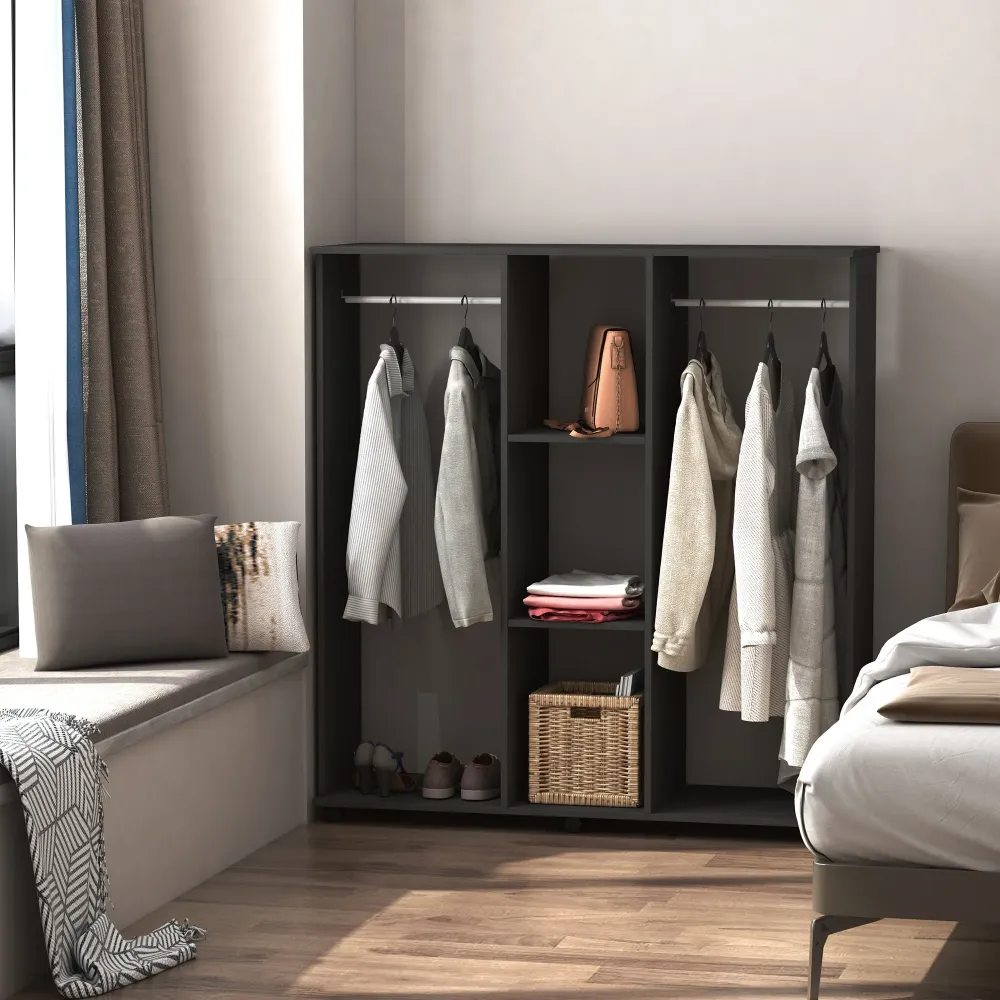 Easycomfort Armadio con 2 Guardaroba, 5 Ripiani e 6 Ruote, Legno e Alluminio, 120x40x128 cm, Nero