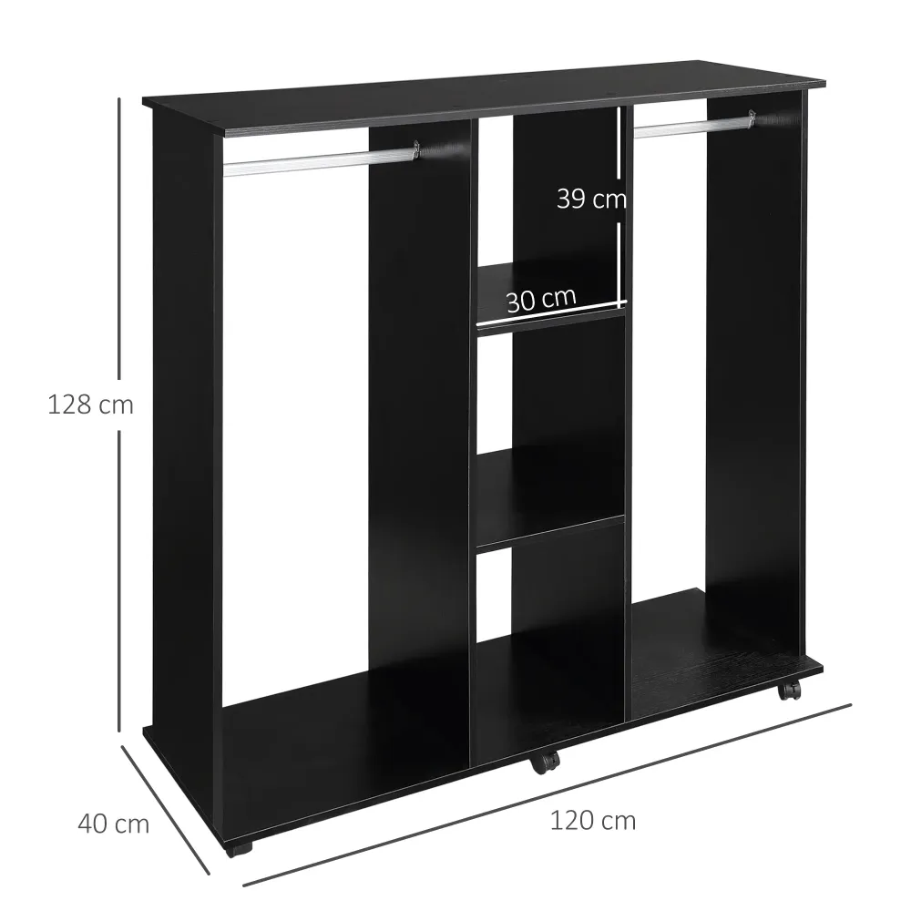 Easycomfort Armadio con 2 Guardaroba, 5 Ripiani e 6 Ruote, Legno e Alluminio, 120x40x128 cm, Nero