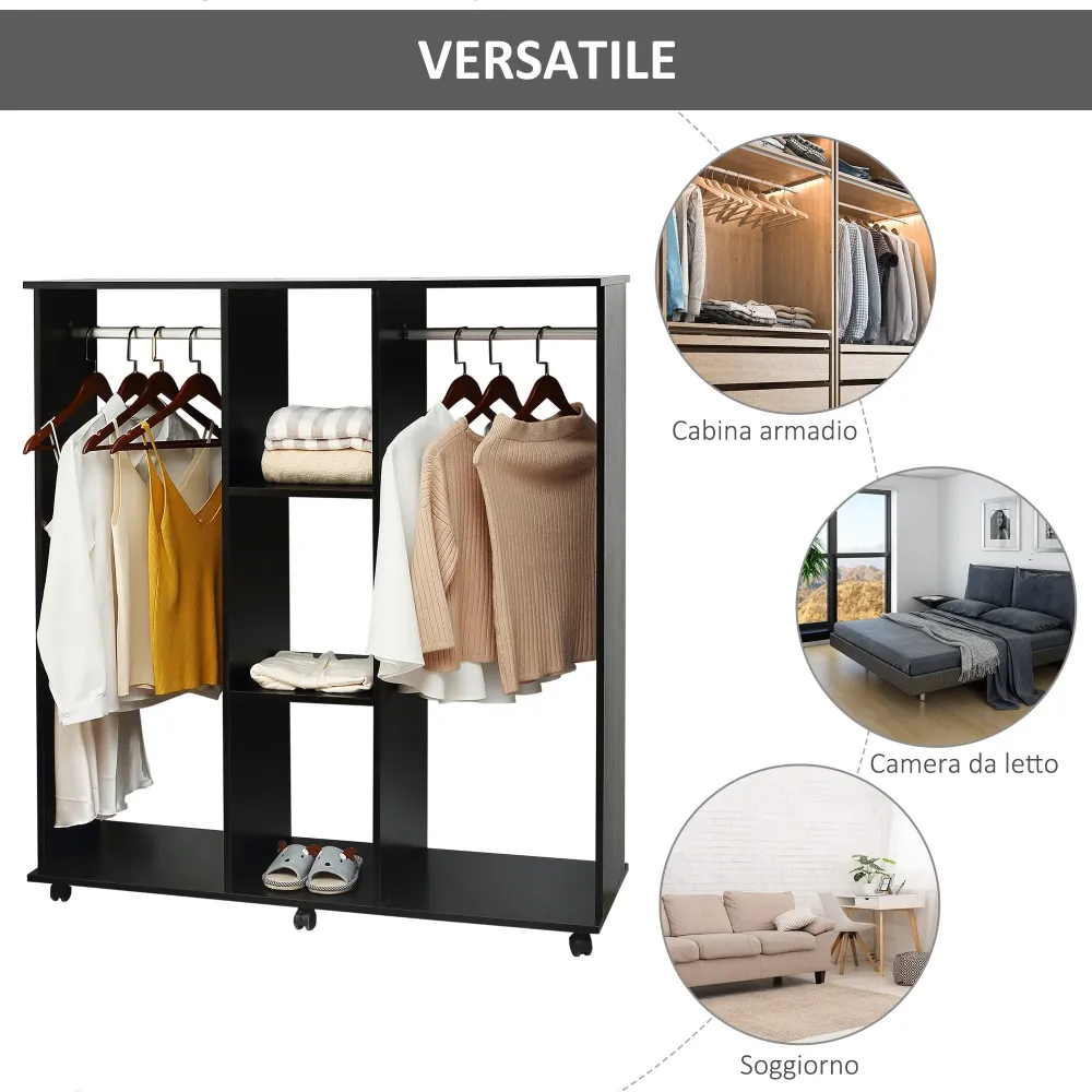 Easycomfort Armadio con 2 Guardaroba, 5 Ripiani e 6 Ruote, Legno e Alluminio, 120x40x128 cm, Nero