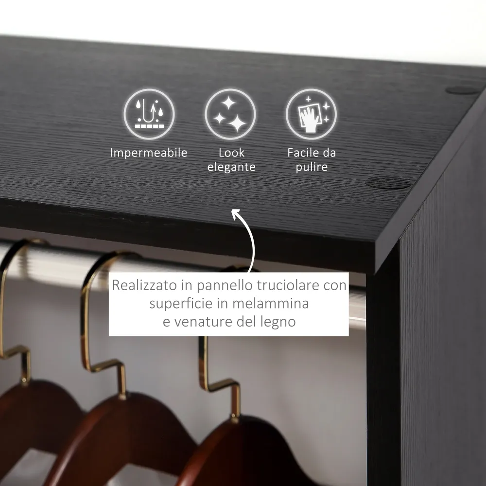 Easycomfort Armadio con 2 Guardaroba, 5 Ripiani e 6 Ruote, Legno e Alluminio, 120x40x128 cm, Nero