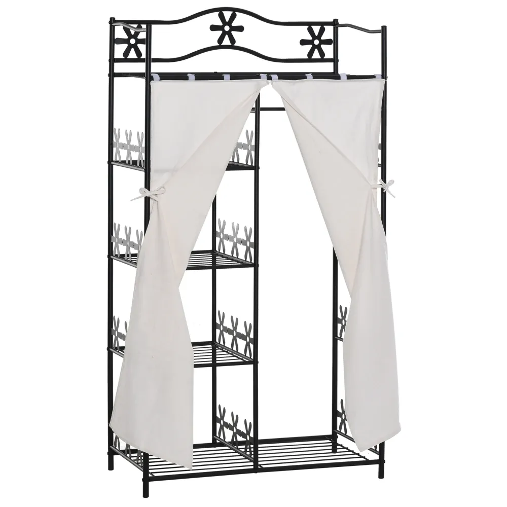 Easycomfort Armadio Guardaroba Appendiabiti con 5 Ripiani e 2 Tende, 84 x 42 x 158.5cm, Metallo Nero con Decori Fiori