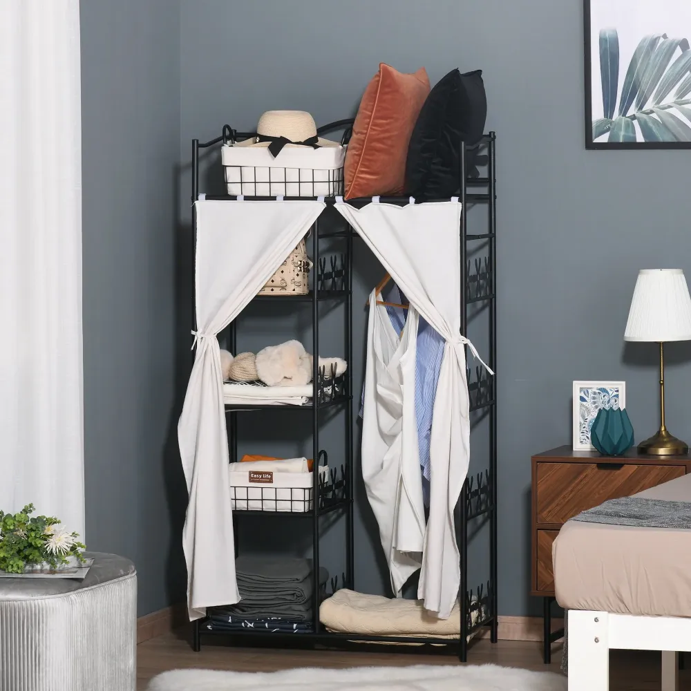 Easycomfort Armadio Guardaroba Appendiabiti con 5 Ripiani e 2 Tende, 84 x 42 x 158.5cm, Metallo Nero con Decori Fiori
