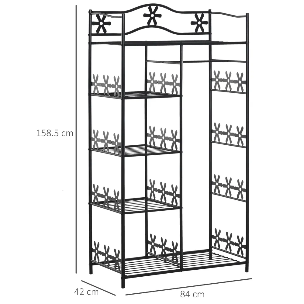 Easycomfort Armadio Guardaroba Appendiabiti con 5 Ripiani e 2 Tende, 84 x 42 x 158.5cm, Metallo Nero con Decori Fiori