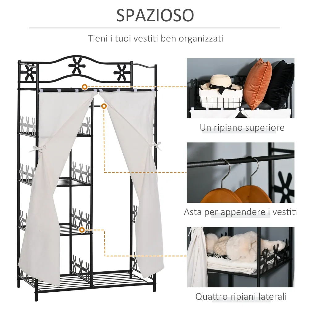 Easycomfort Armadio Guardaroba Appendiabiti con 5 Ripiani e 2 Tende, 84 x 42 x 158.5cm, Metallo Nero con Decori Fiori