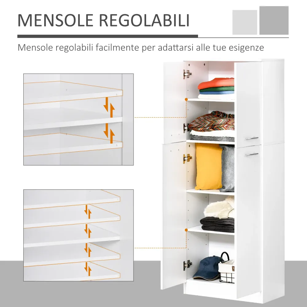 Easycomfort Mobile Dispensa Multiuso con 2 Armadietti e Mensole Regolabili, MDF, 59x31x155cm, Bianco