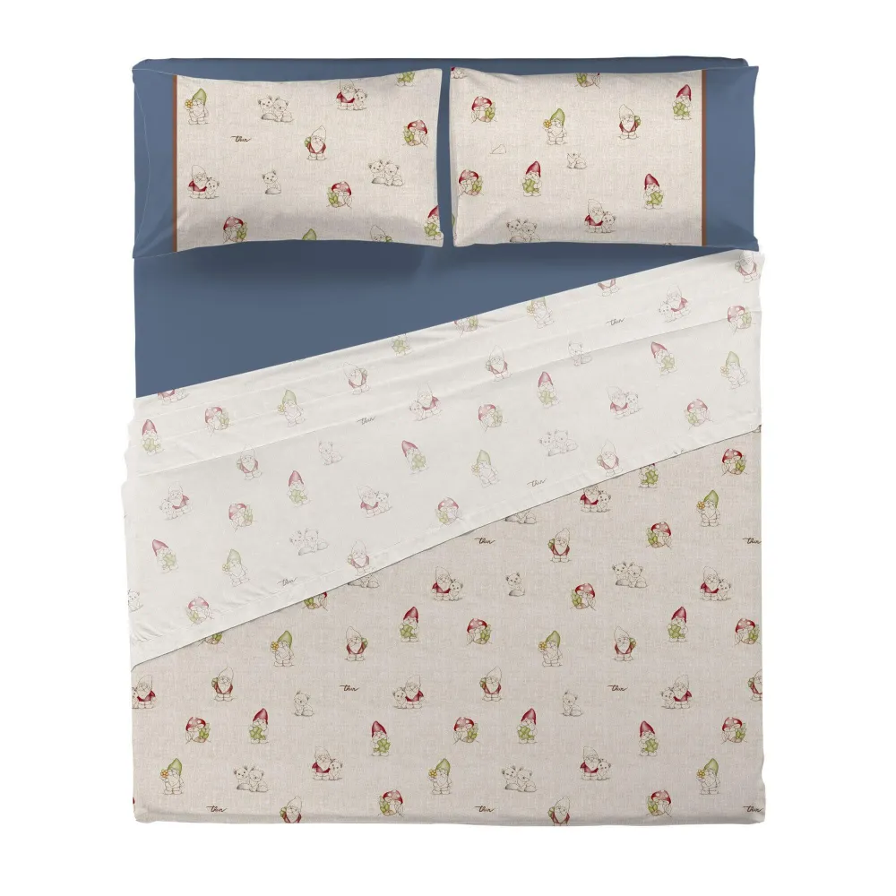 Completo Letto Matrimoniale con Stampa Digitale - Fantasia Inverno Incantato Gnomes Blue