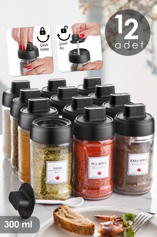 Set di 12 barattoli per spezie con coperchio e cucchiaio Oze H13cm Vetro trasparente