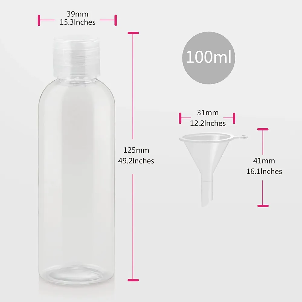 8 Pezzi Bottiglie di Viaggio Plastica 100 ML Bottiglie di Plastica Vuote Bottigliette da Viaggio Aereo con 3 Imbuti Conten...