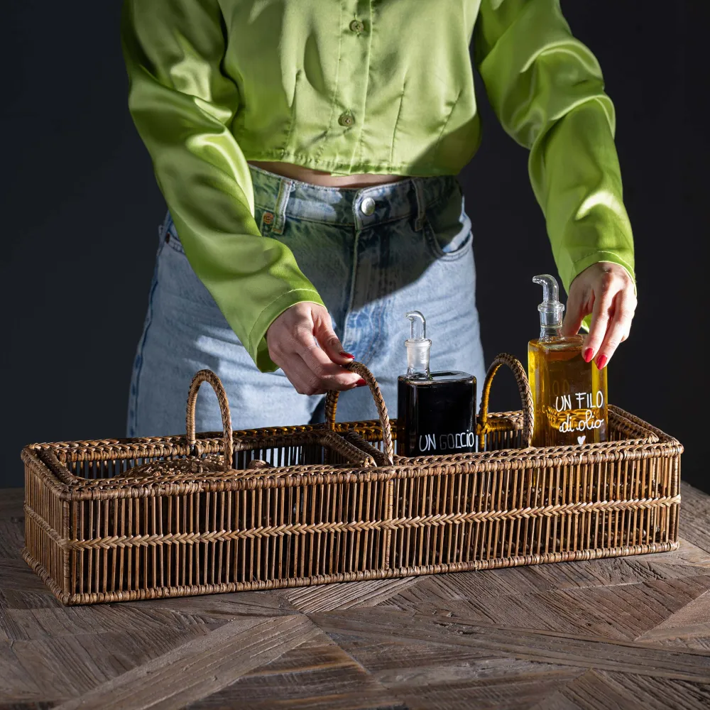 Set 3 Contenitori Rain rattan naturale, dim. 60x16x19cm e 28x12 x17cm