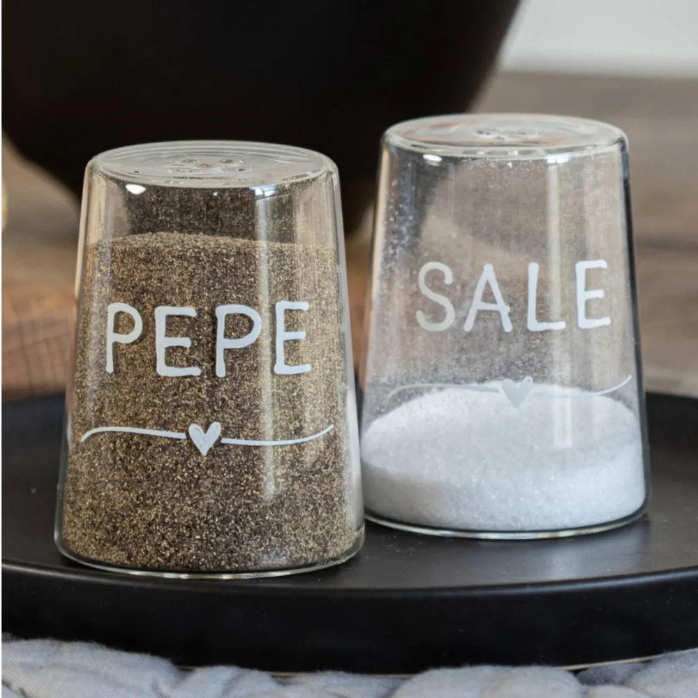 Set Sale e Pepe Vetro Borosilicato con Scritta “Sale” e “Pepe” Cuore