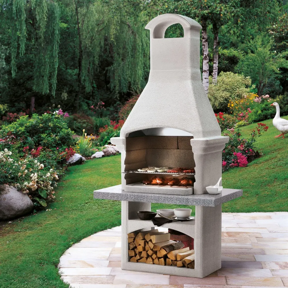 Barbecue legna cemento SALINA - PALAZZETTI con griglia regolabile, piano Marmotech e cassetto cenere Fast-Fire Box
