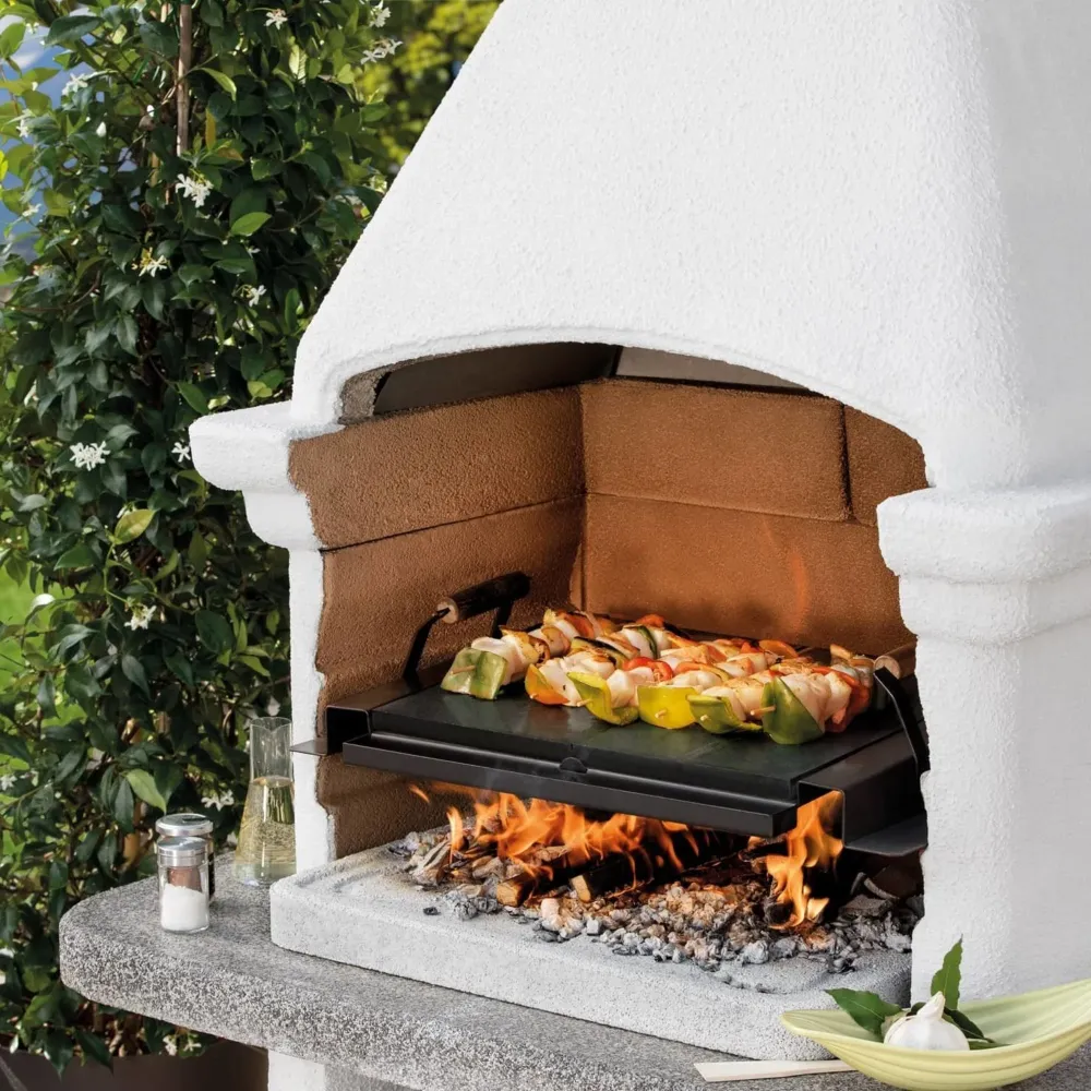 Barbecue legna cemento SALINA - PALAZZETTI con griglia regolabile, piano Marmotech e cassetto cenere Fast-Fire Box