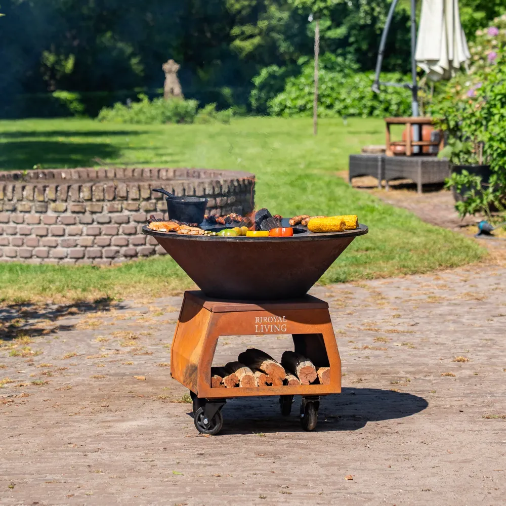 BBQ Plancha Grill Brasero Braciere acciaio Corten con ruote grandi, contenitore per legna e teglia Ø80cm