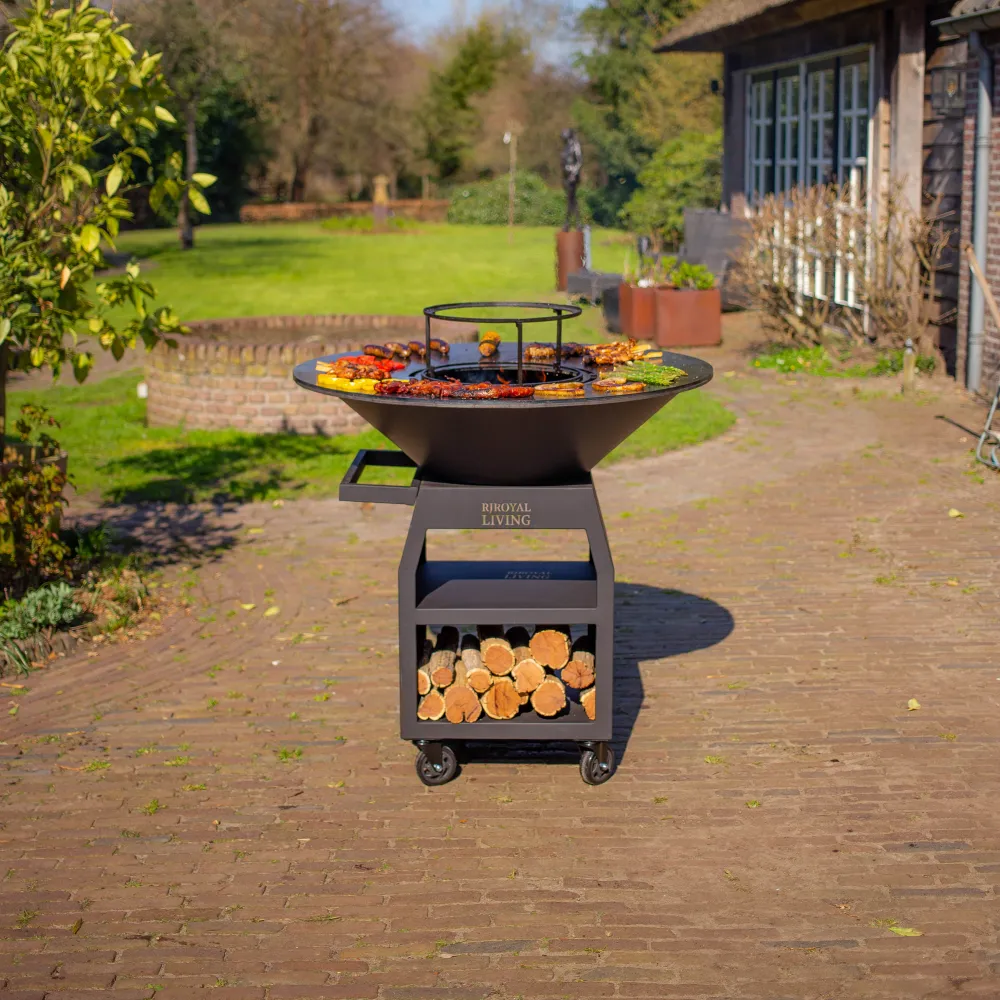 BBQ Plancha Grill Maestro XXXL Ø100cm Acciaio Corten - Con ruote grandi e contenitore per la legna