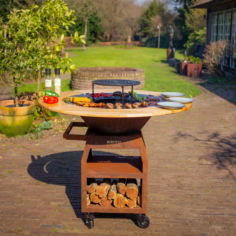 BBQ Plancha Grill Maestro XXXL Ø100cm Acciaio Corten - Con ruote grandi e contenitore per la legna