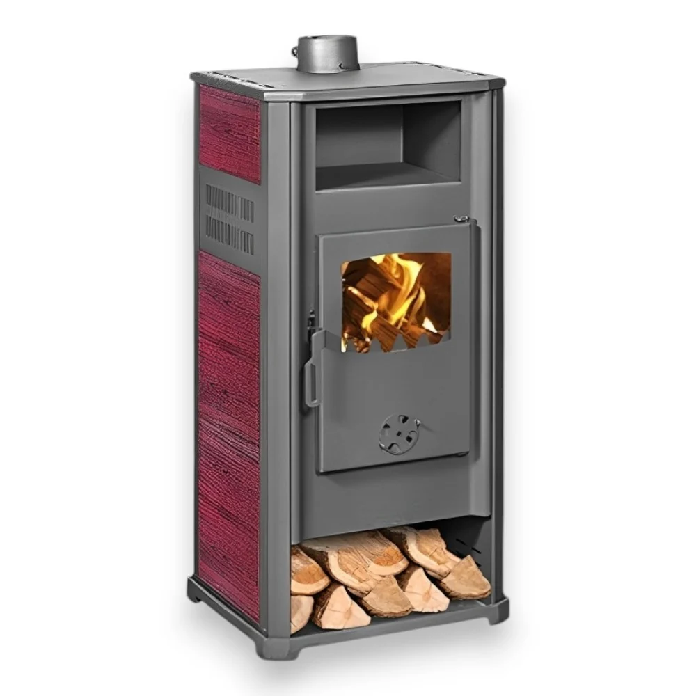 Stufa legna 9.4 Kw acciaio 48,5x44xH110 cm antracite e bordeaux