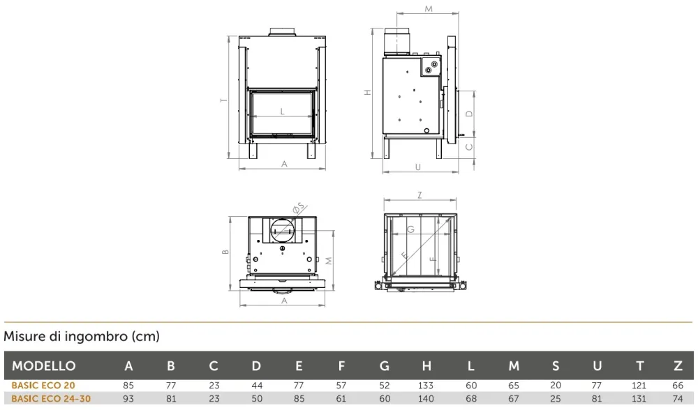 Termocamino Legna CTM Basic Eco S1 20 kW per Produzione ACS con Scambiatore Full Link e Scomparsa Verticale