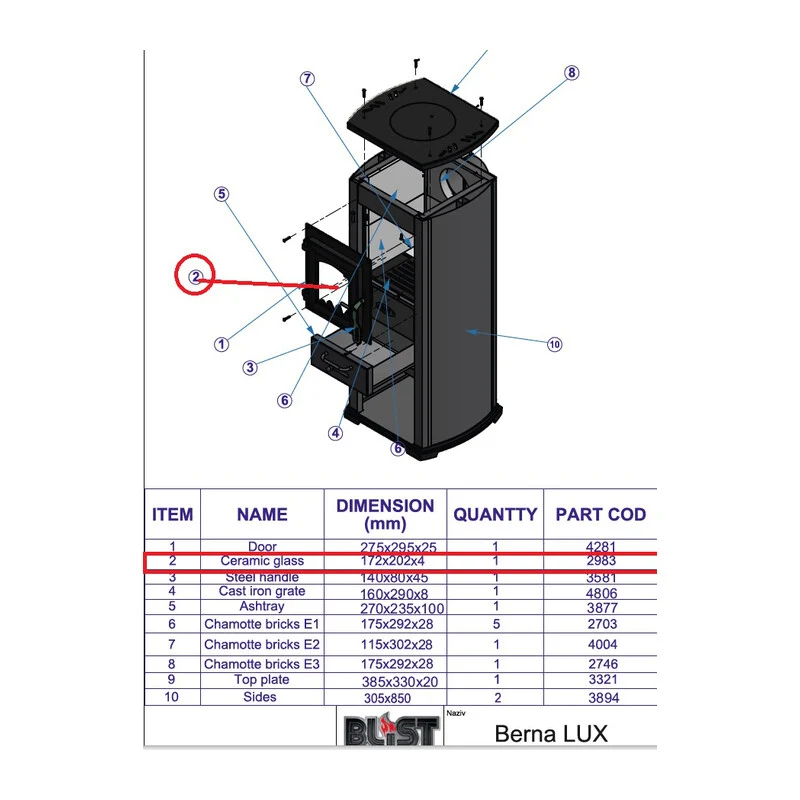 R Vetro (2965)X Stufa Legna 5.0 Kw Berna Lux- 1,0 Pz