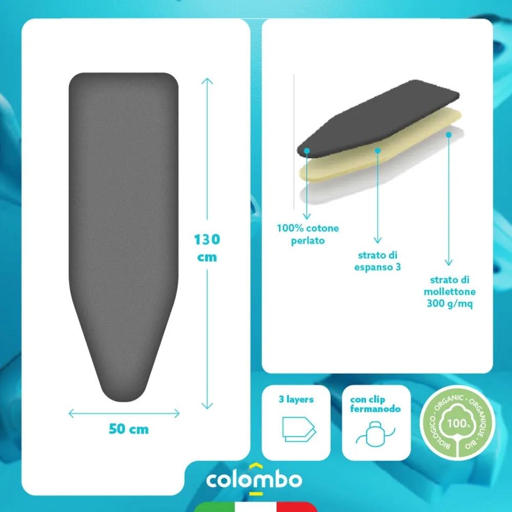 Colombo Perlate L - Copriasse da stiro, Foderina 3 strati, 130x50 cm