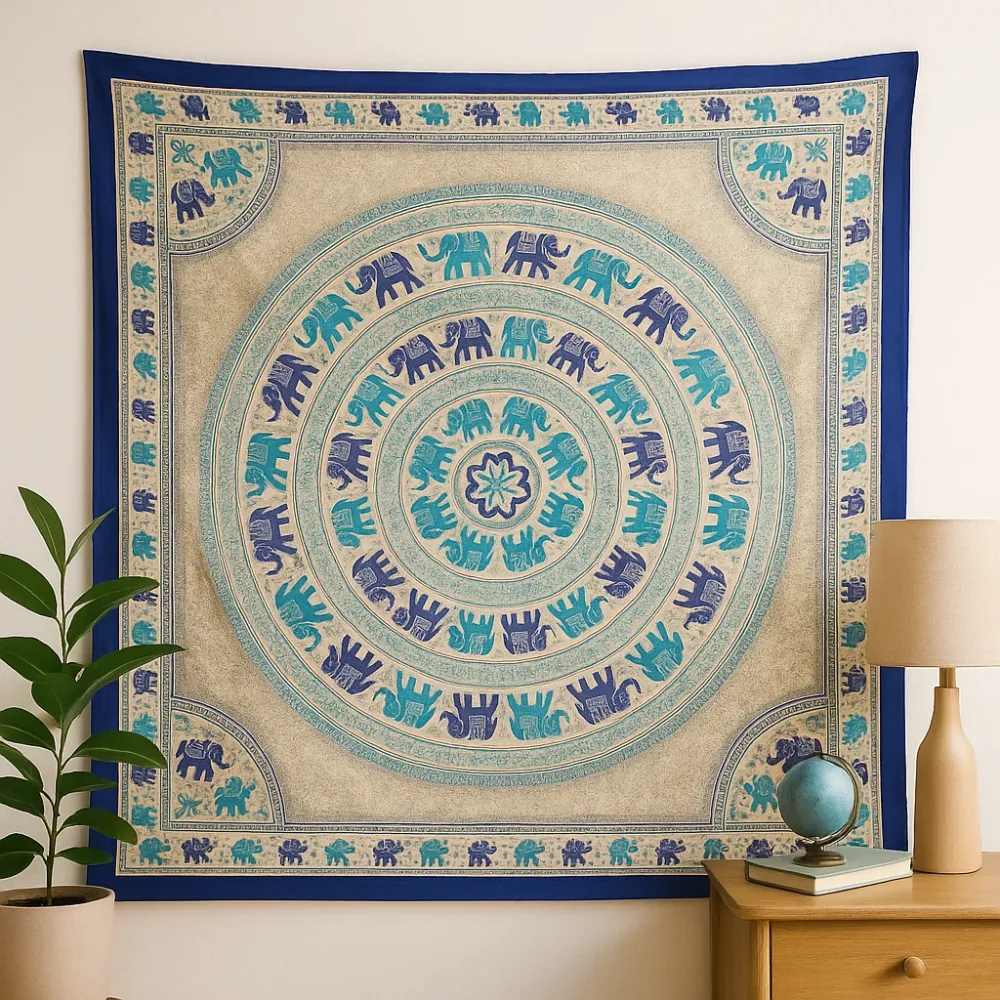 Arazzo Mandala Elefante Tappeto da Parete Copriletto Blu