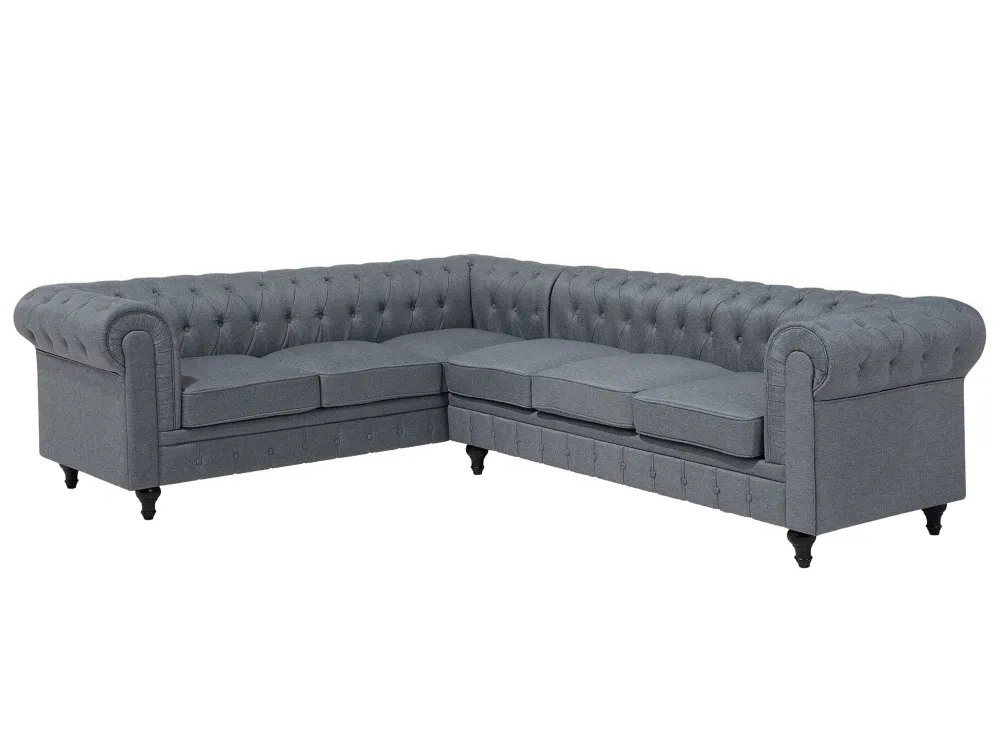 Right Hand Fabric Corner Sofa Grey CHESTERFIELD con Chiusura Strappo