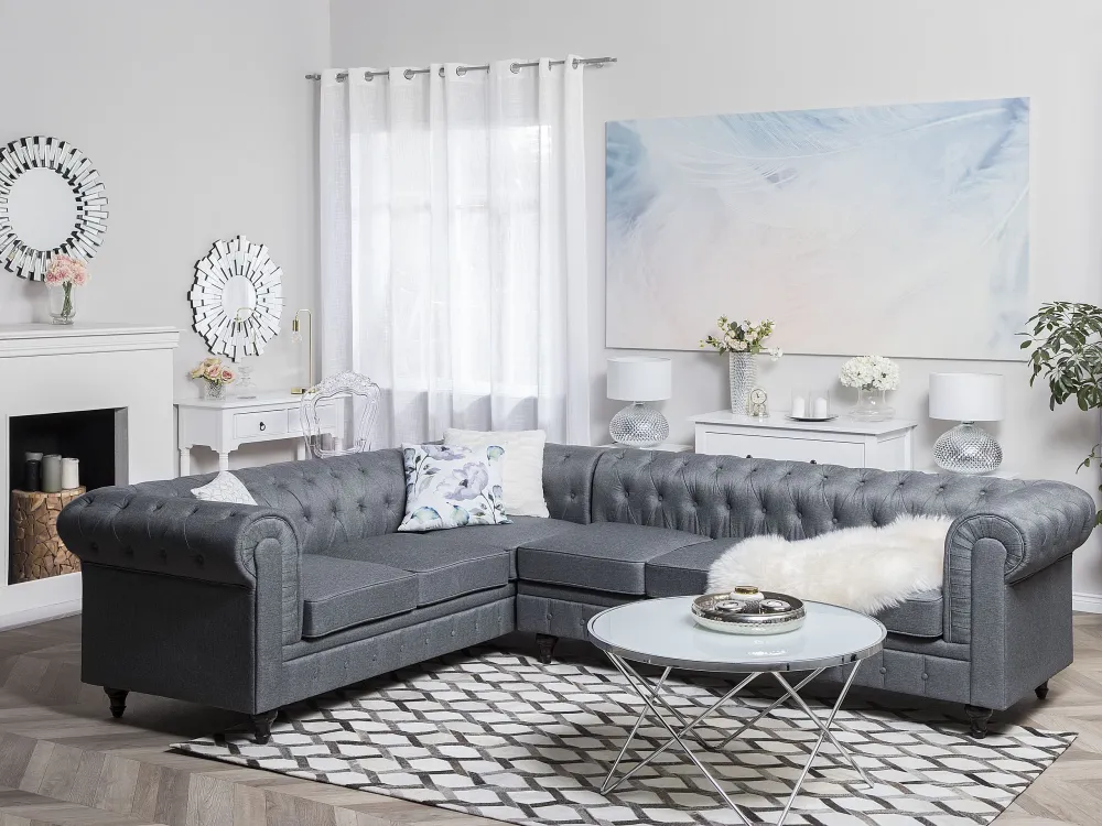 Right Hand Fabric Corner Sofa Grey CHESTERFIELD con Chiusura Strappo