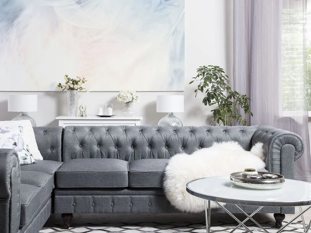Right Hand Fabric Corner Sofa Grey CHESTERFIELD con Chiusura Strappo