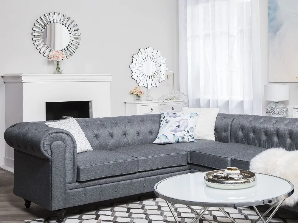 Right Hand Fabric Corner Sofa Grey CHESTERFIELD con Chiusura Strappo